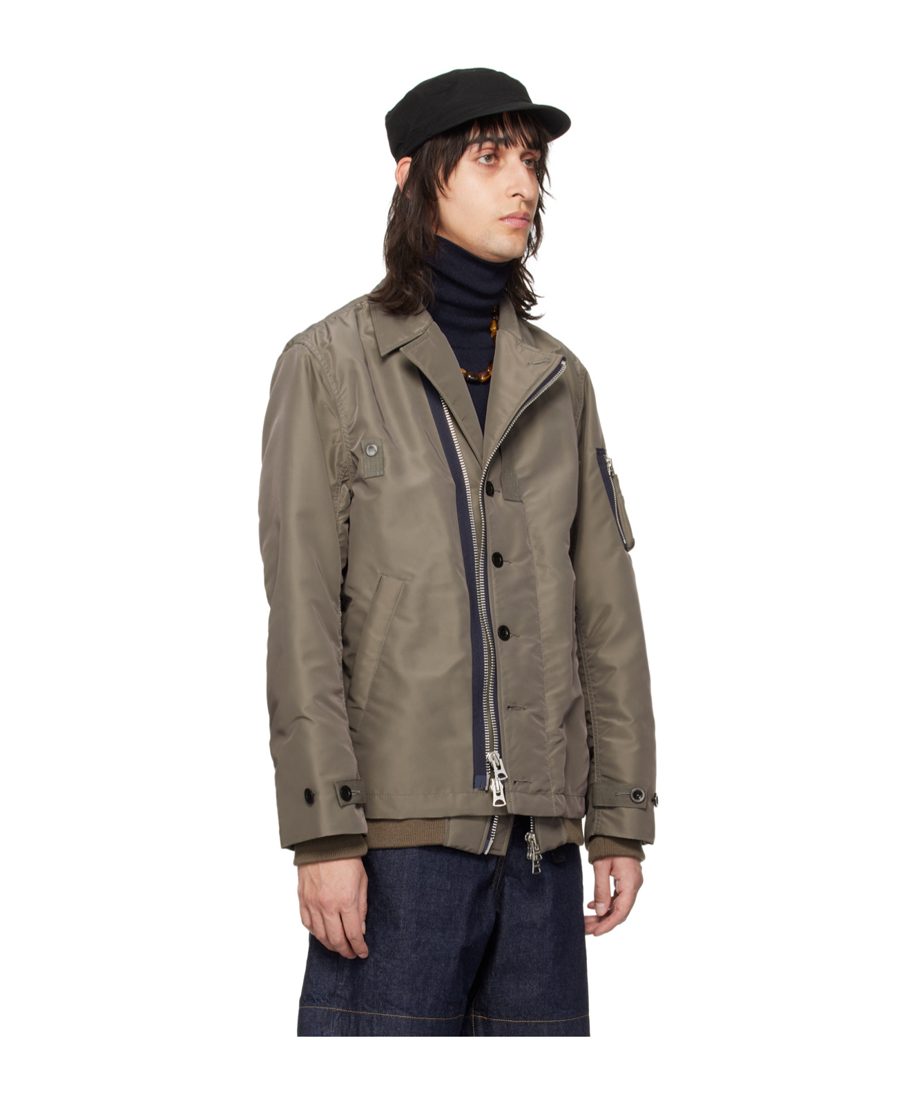 Sacai Taupe Padded Bomber Jacket In Green