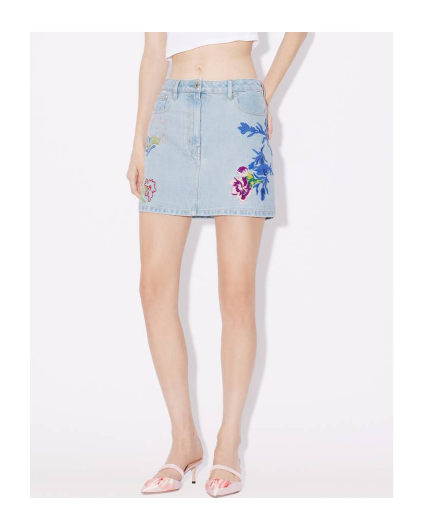 Kenzo Floral-embroidered Mini Skirt In Blue Cotton Denim In Blue
