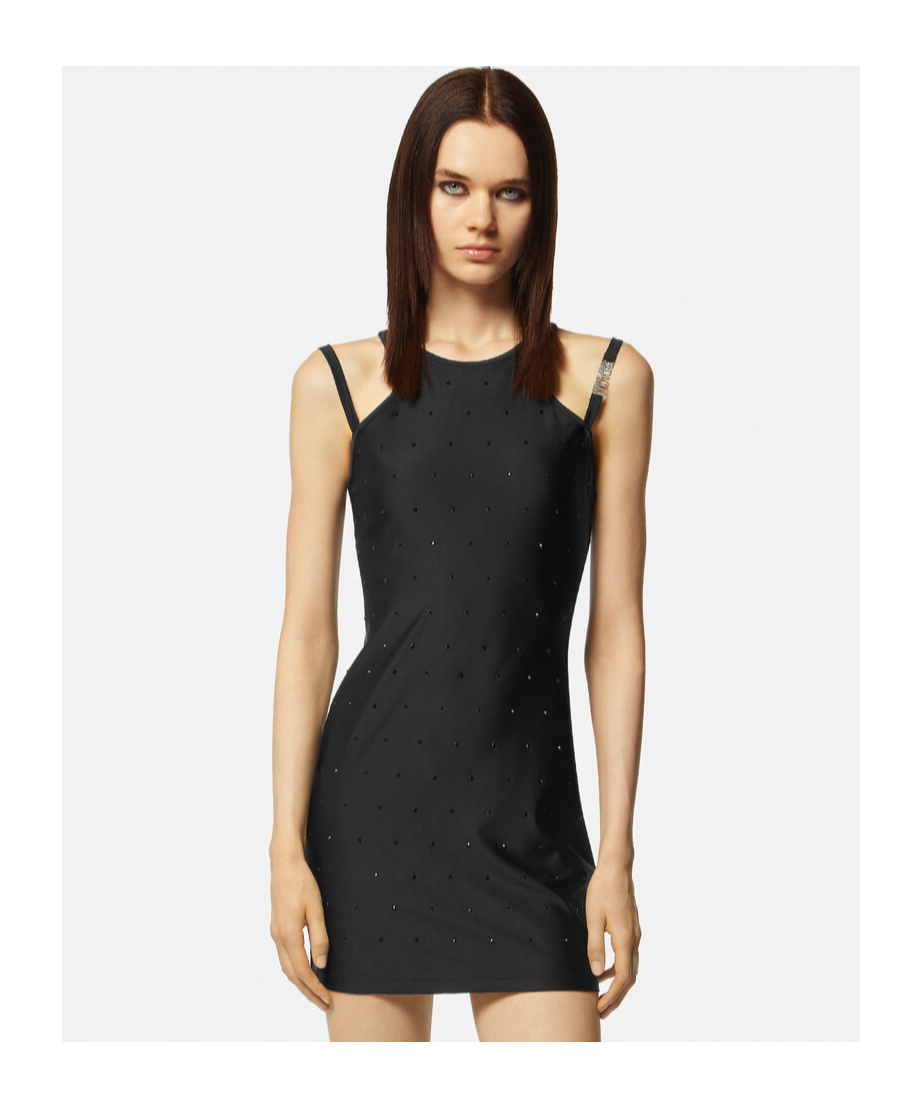 Versace Crystal Neck Mini Dress In Black