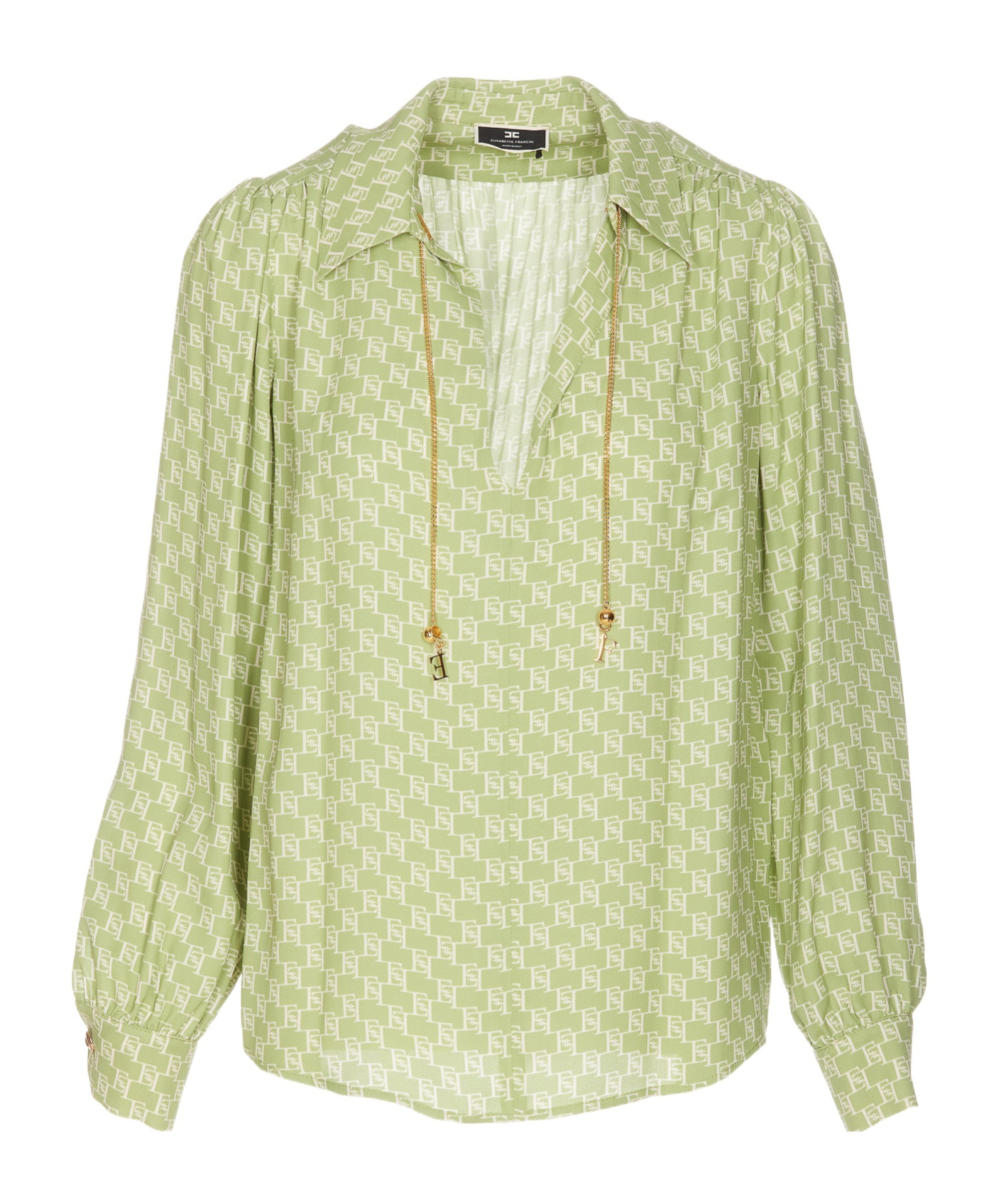 Elisabetta Franchi Printed Chain Detail V-neck Tops In Green