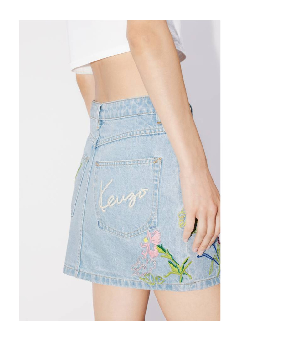 Kenzo Floral-embroidered Mini Skirt In Blue Cotton Denim In Blue
