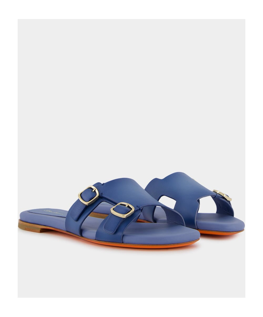 Shop Santoni Double-buckle Leather Slides In Blue