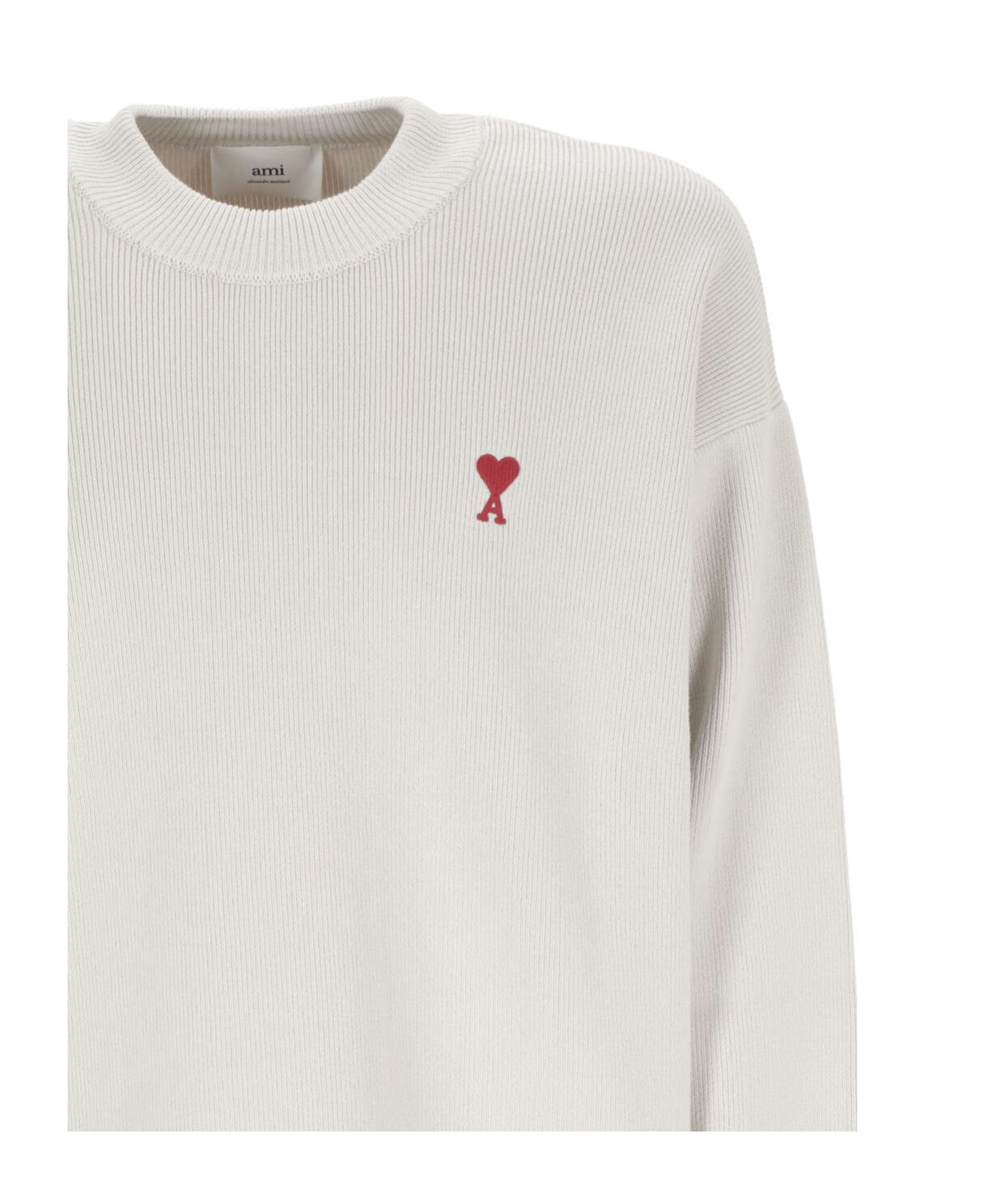 Ami Alexandre Mattiussi White Crewneck Sweater With Signature Ami De Coeur Logo In Cotton Blend Woman In White