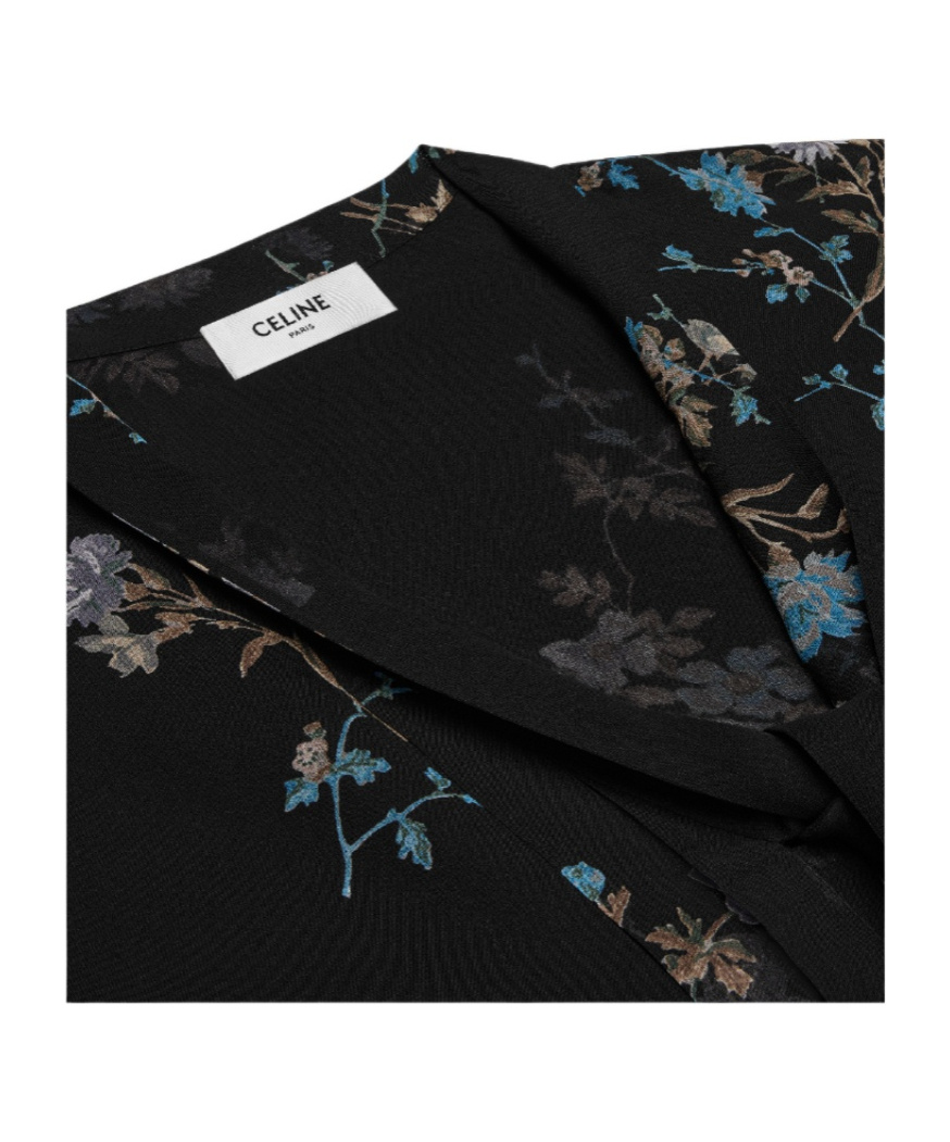Celine Floral Printed Low-cut Bow Tie Blouse In Black