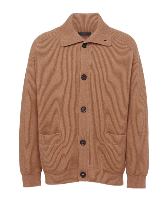 Prada Cashmere Ribbed Texture Cardigan With Patch Pockets In Brown