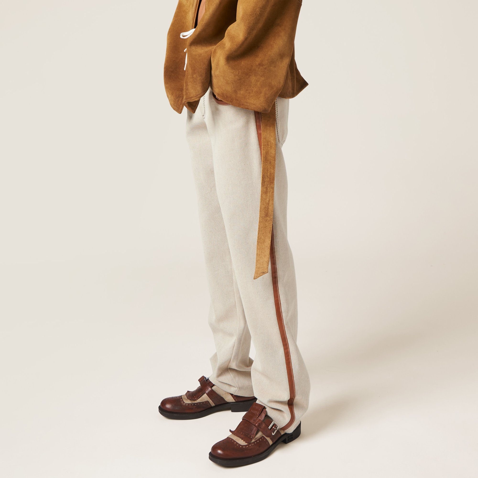 Miu Miu Leather-trim Canvas Trousers In Nude