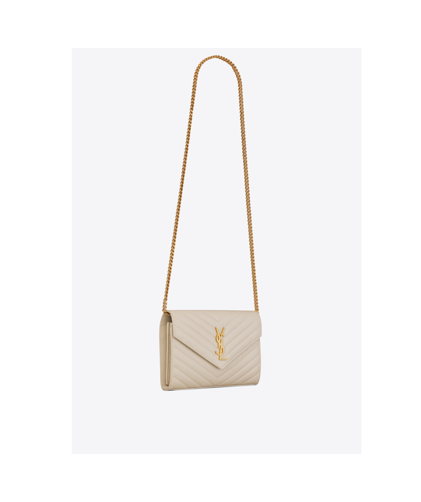 Saint Laurent Cassandre Envelope Leather Chain Wallet In Nude