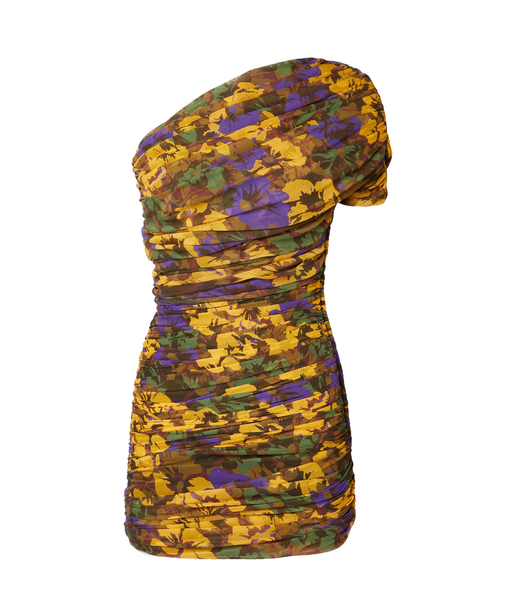 Saint Laurent One-shoulder Floral-print Ruched Tulle Mini Dress In Brown