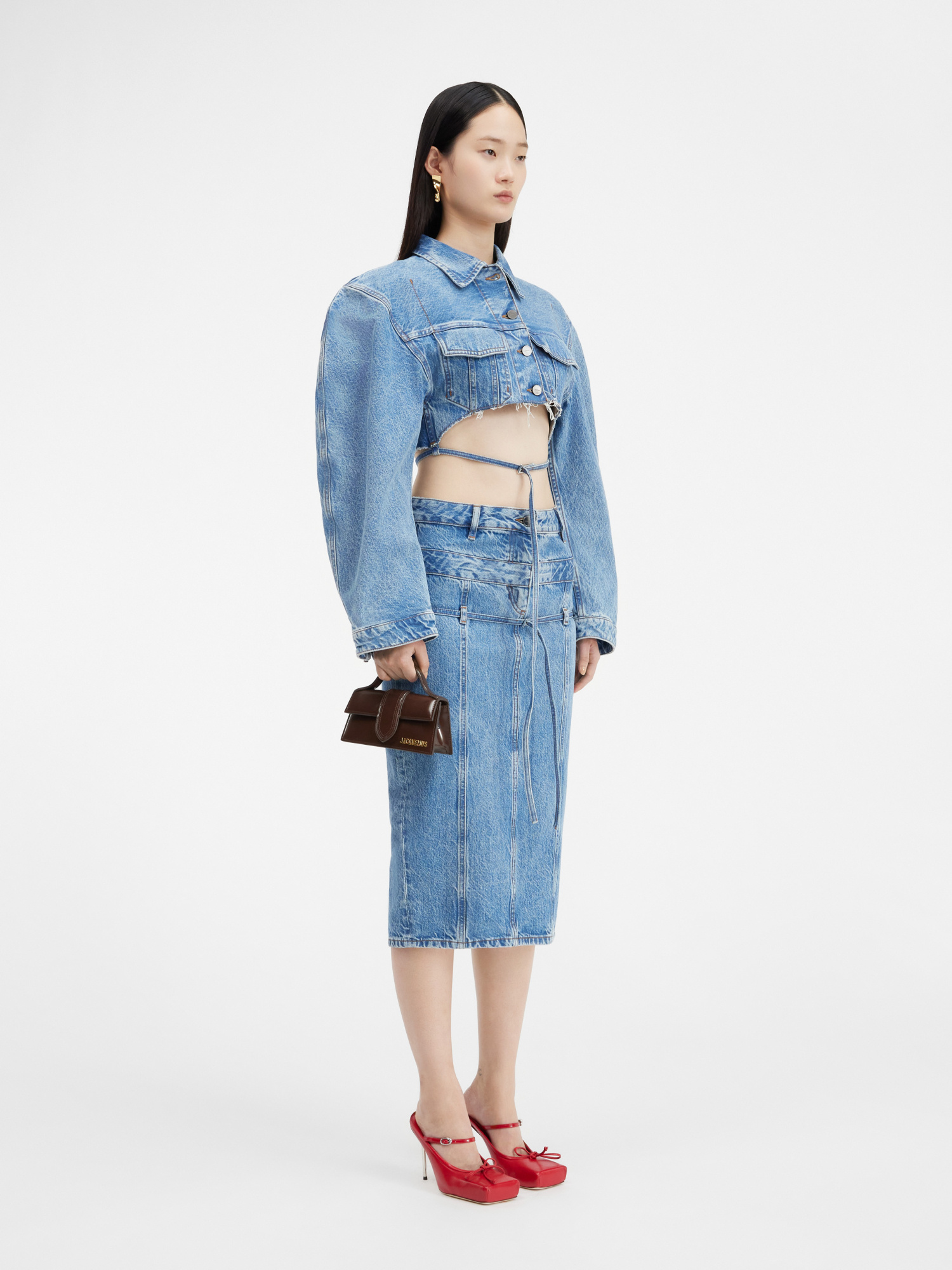 Shop Jacquemus Belted Denim Pencil Skirt In Blue
