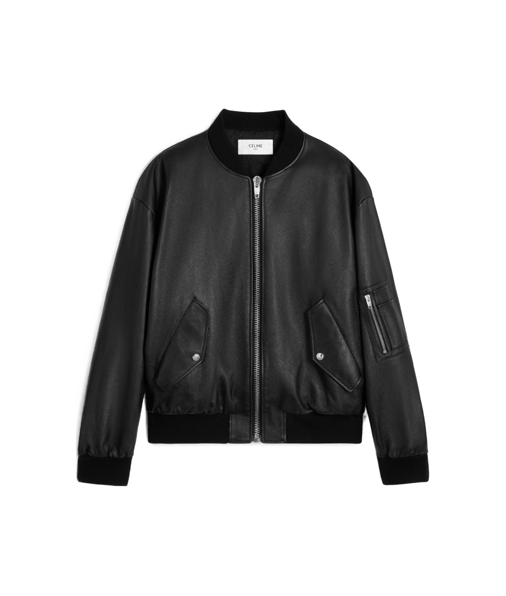 Celine Long-sleeved Zipper Leather Jacket In Black