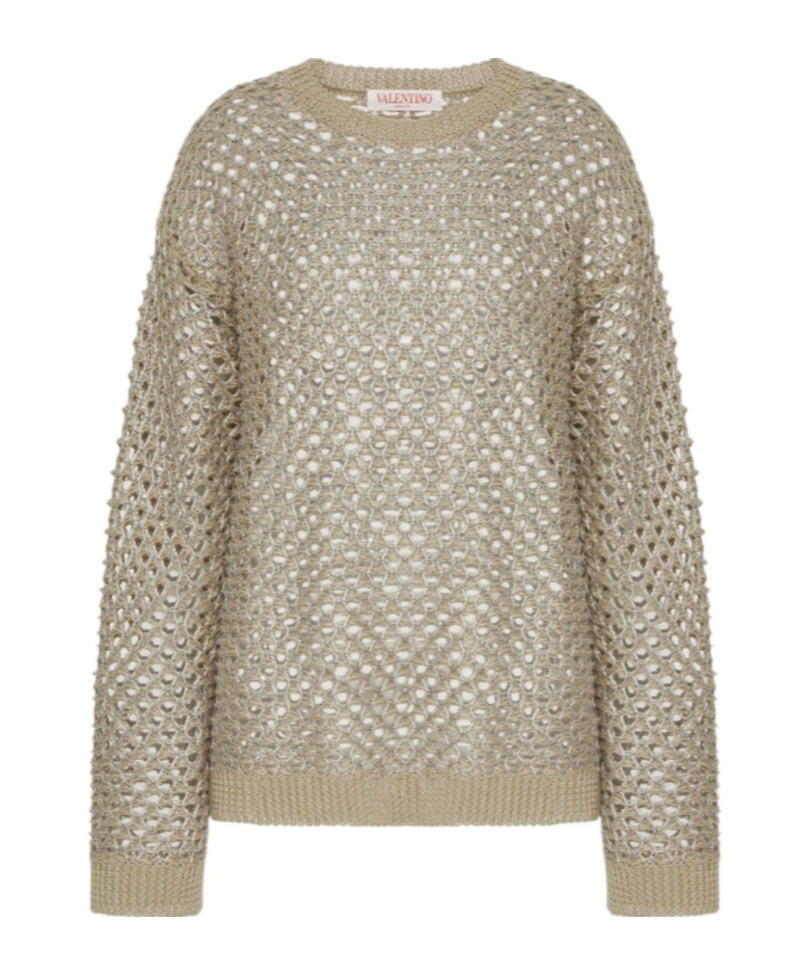 Shop Valentino Linen And Sequins Mesh Pullover In Nude