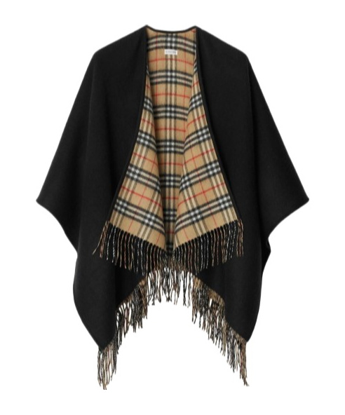Burberry Black Wool Cape With Check Pattern