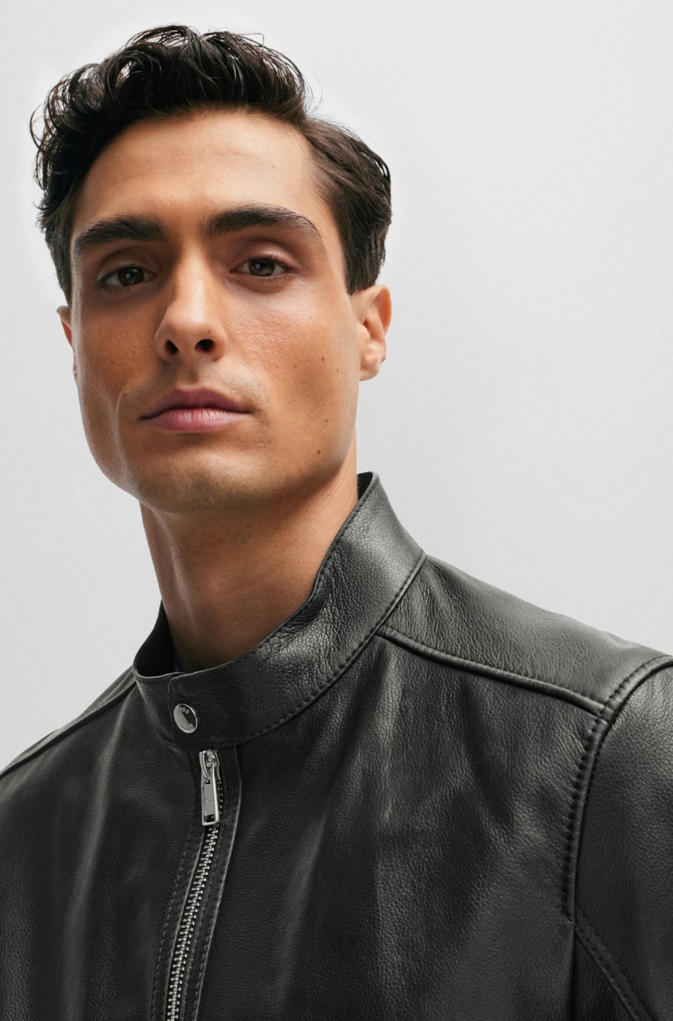 Hugo Boss Regular-fit Jacket In Grained Leather In Black