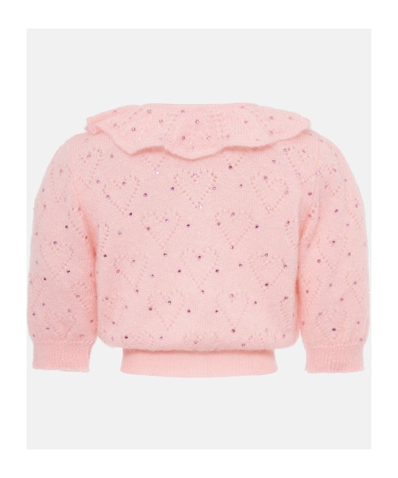 Alessandra Rich Embellished Short Puff Sleeved Knitted Top In Pink