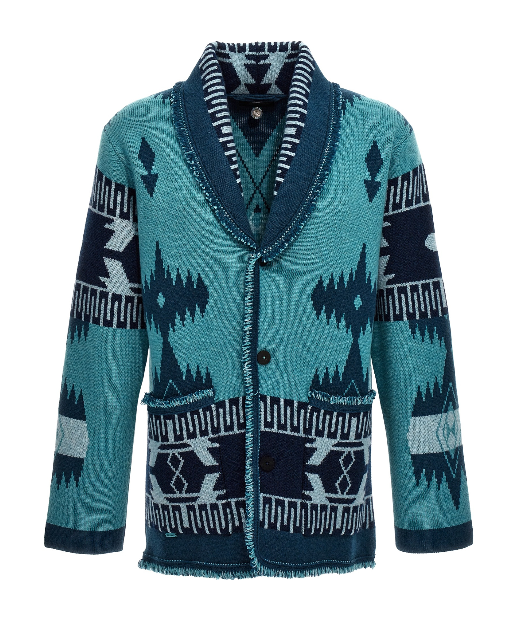 Alanui Jacquard Shawl Collar Fringed Cardigan In Blue