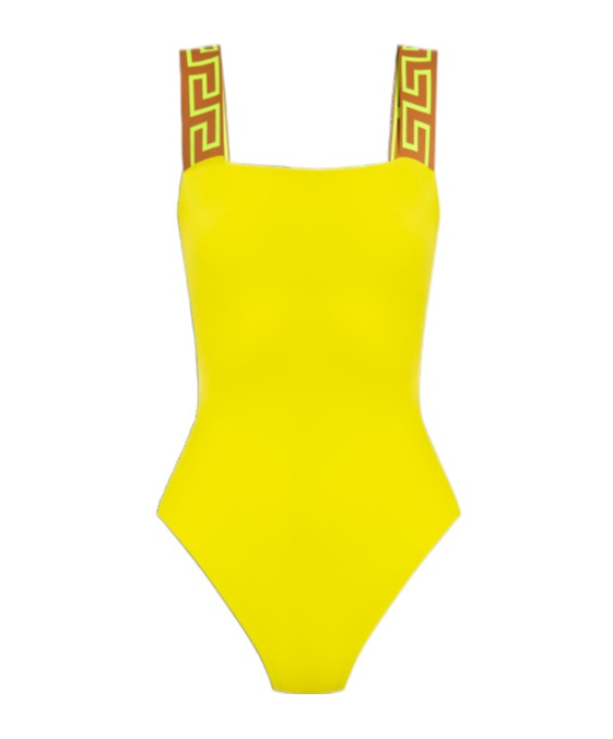 Versace Yellow One-piece Swimsuit With Greca Motif On The Straps In Polyamide Woman In Yellow