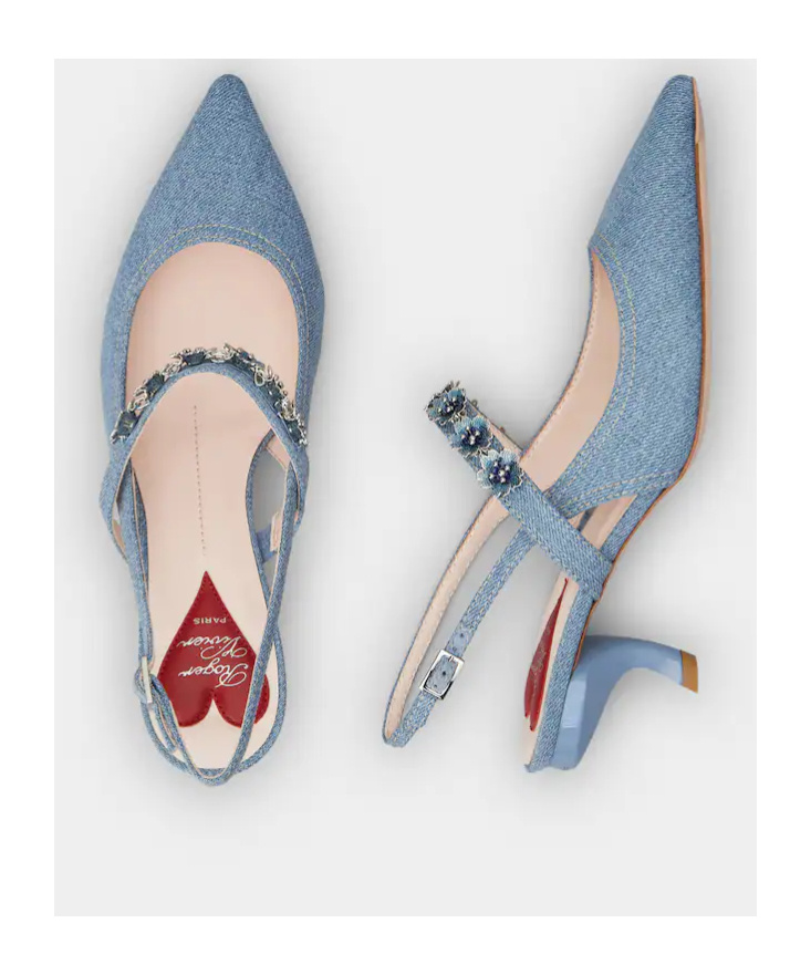 ROGER VIVIER VIRGULE FLOWER SLINGBACK PUMPS IN DENIM 