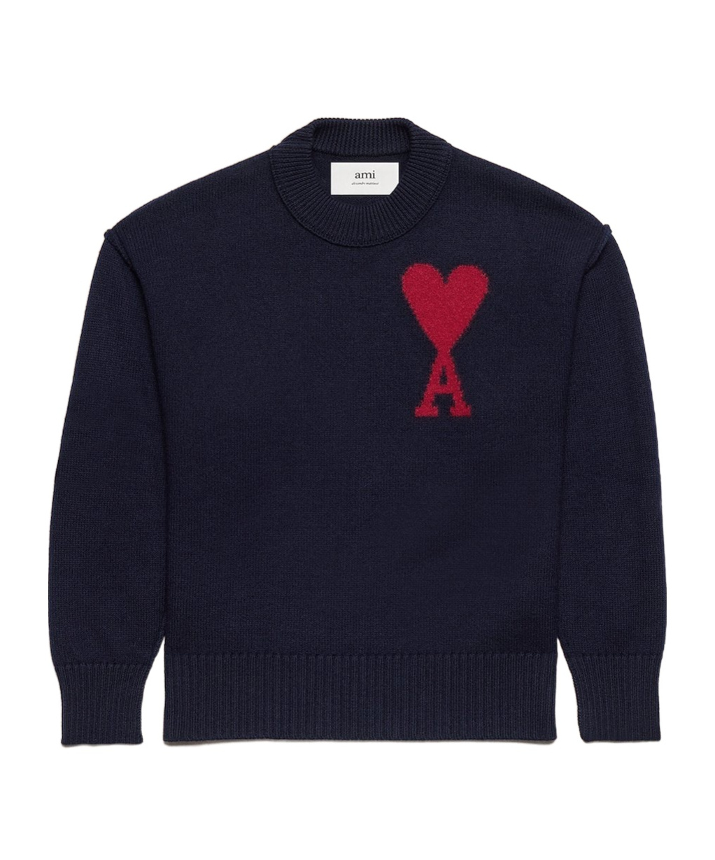 Ami Alexandre Mattiussi Ami Paris Wool Sweater With Heart Intarsia Design In Blue