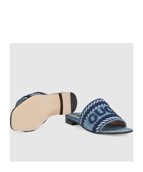 Gucci Jane Velvet-trimmed Embroidered Denim Slides In Blue