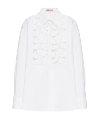 Valentino Poplin Floral Button-front Shirt With Lasercut Bib In White