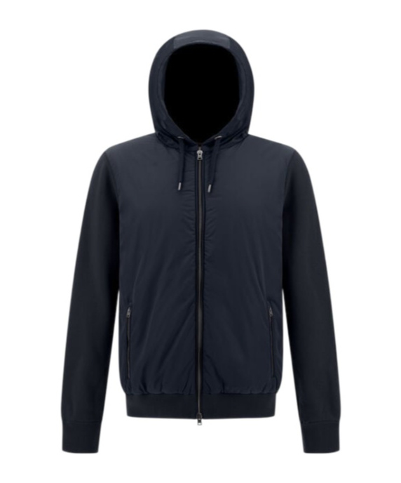 HERNO HERNO KNITTED-PANELLED ZIPPED HOODED DRAWSTRING JACKET