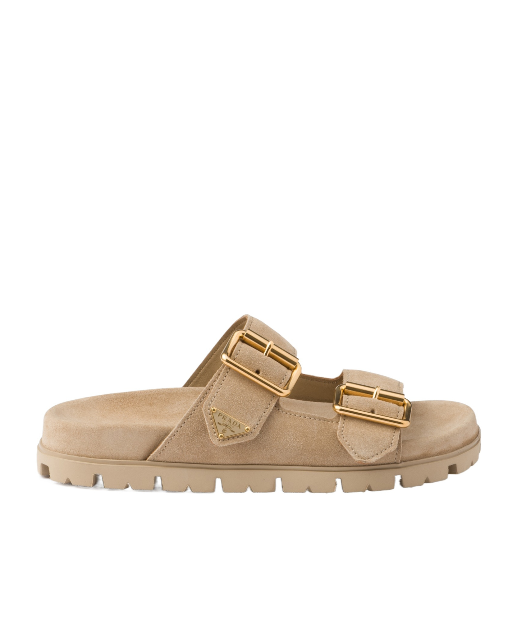 Prada Triangle-logo Suede Slides In Brown