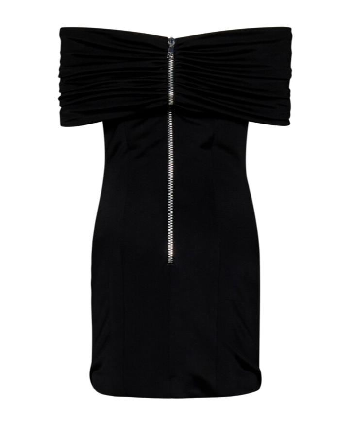 Balmain Off-the-shoulder Embellished Ruched Jersey And Cady Mini Dress In Black