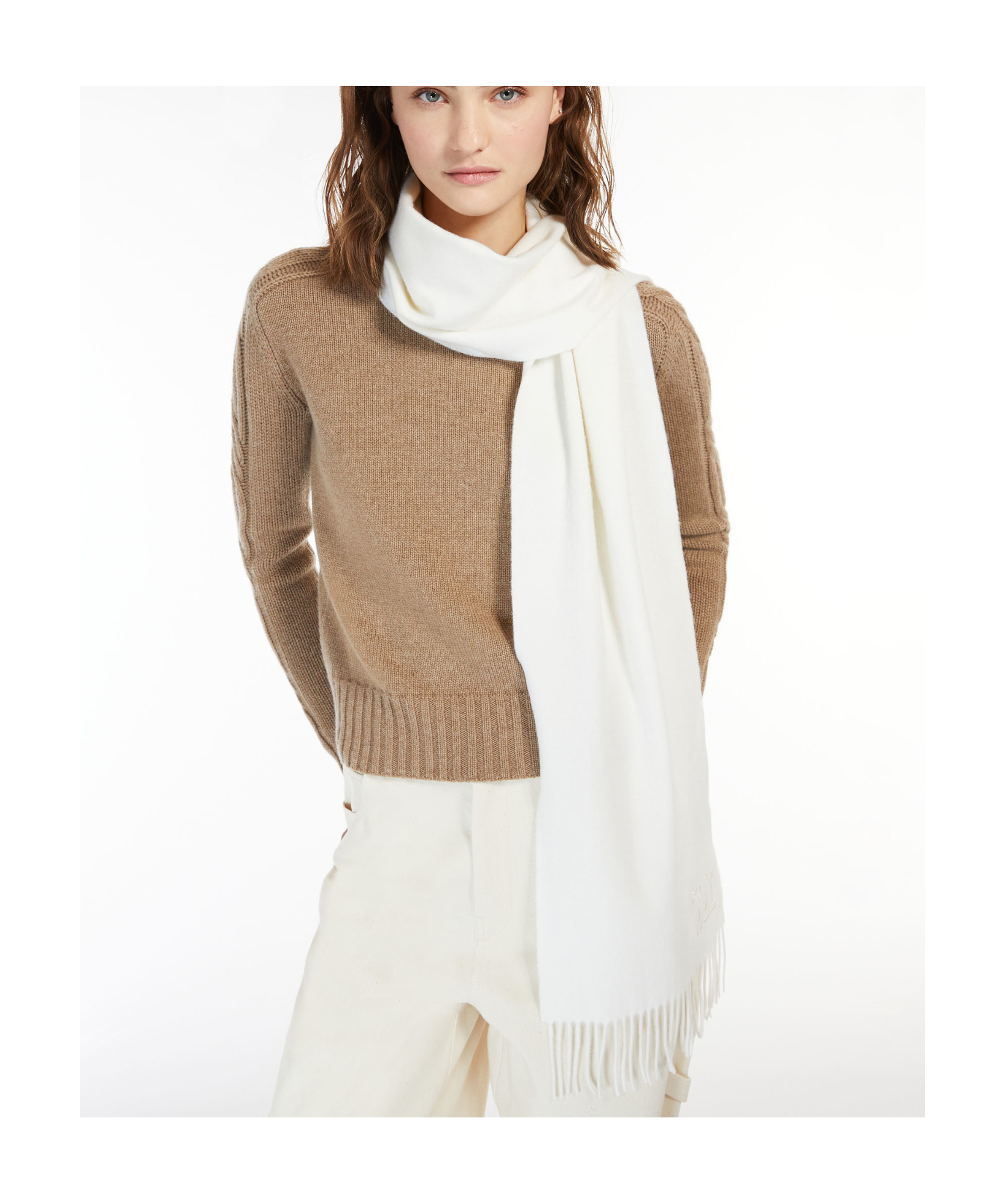 Max Mara Embroidery Cashmere Scarf In White