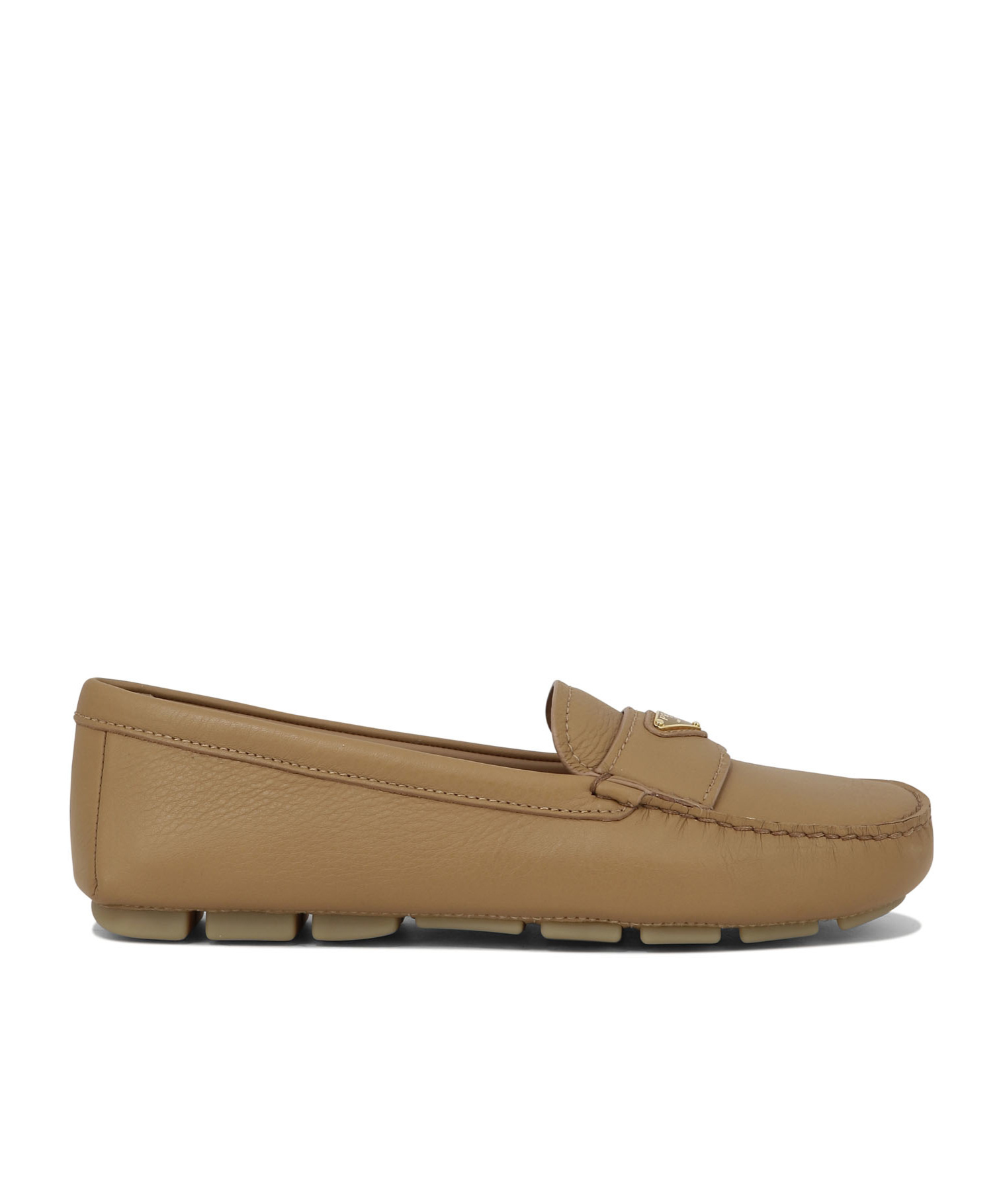 Prada Enamel Triangle-logo Leather Loafers In Nude