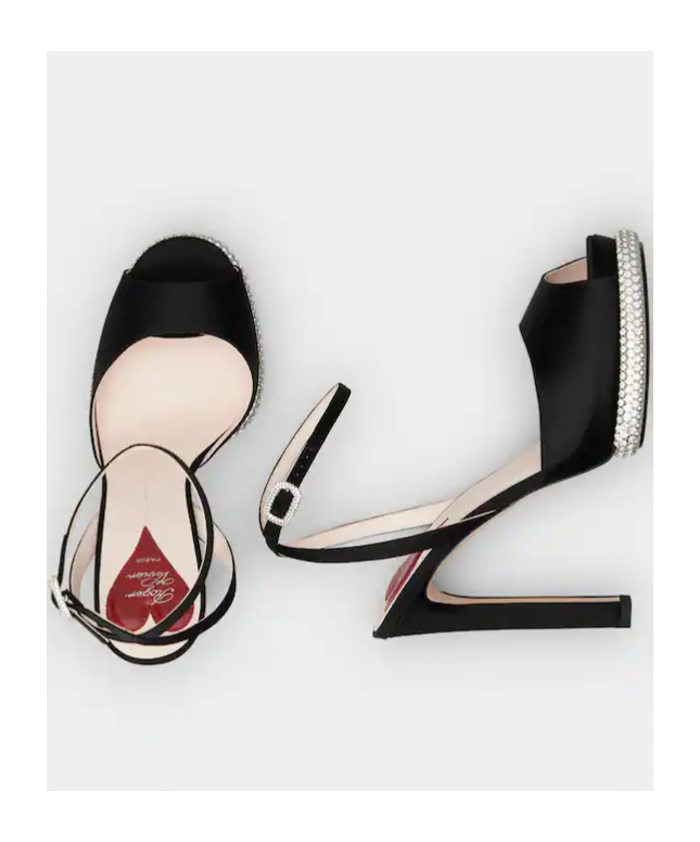 Shop Roger Vivier Viv' Choc Strass Platform Sandals In Satin In Black