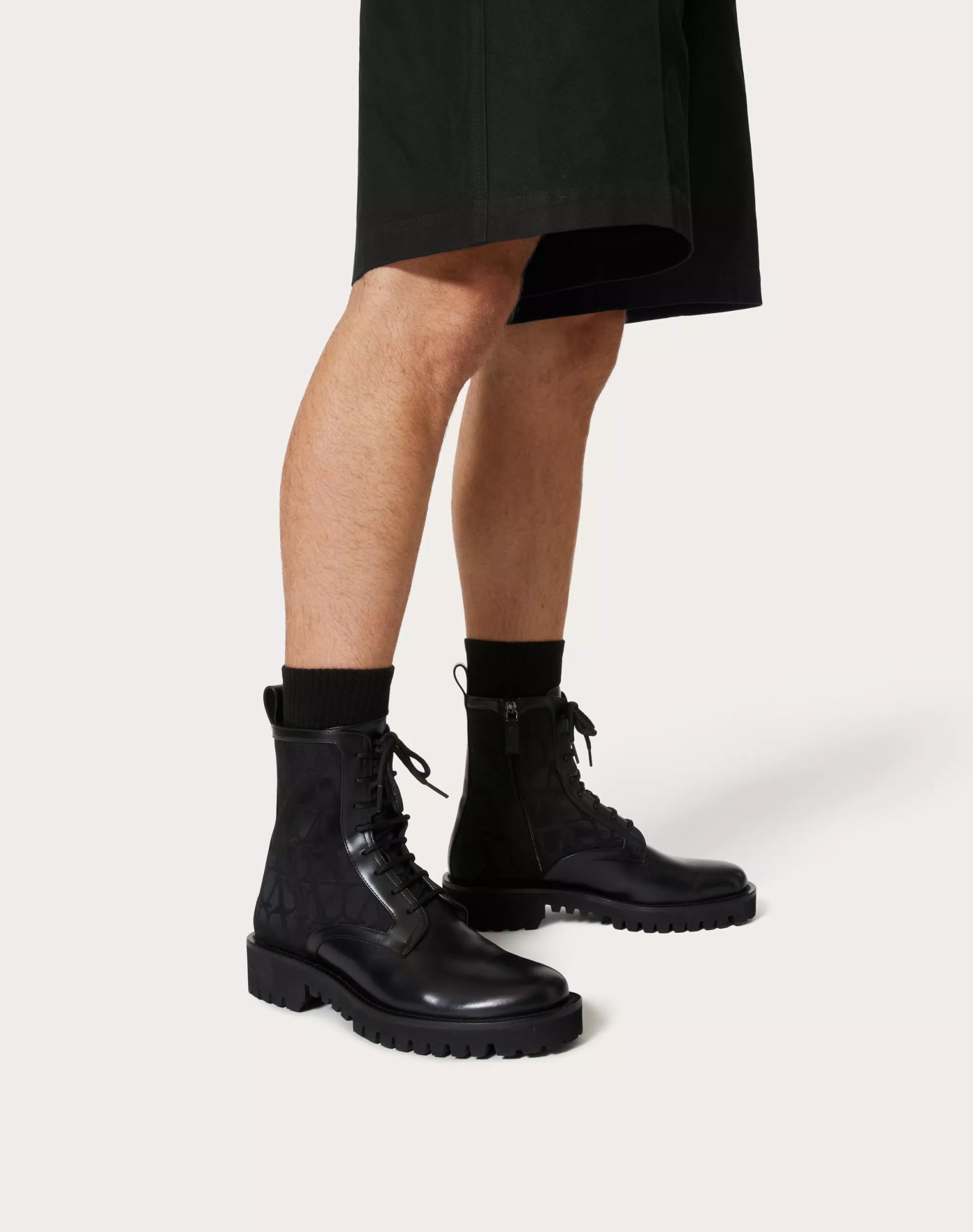 Valentino Garavani Toile Iconographe Combat Boot In Toile Iconographe Technical Fabric And Calfskin In Black