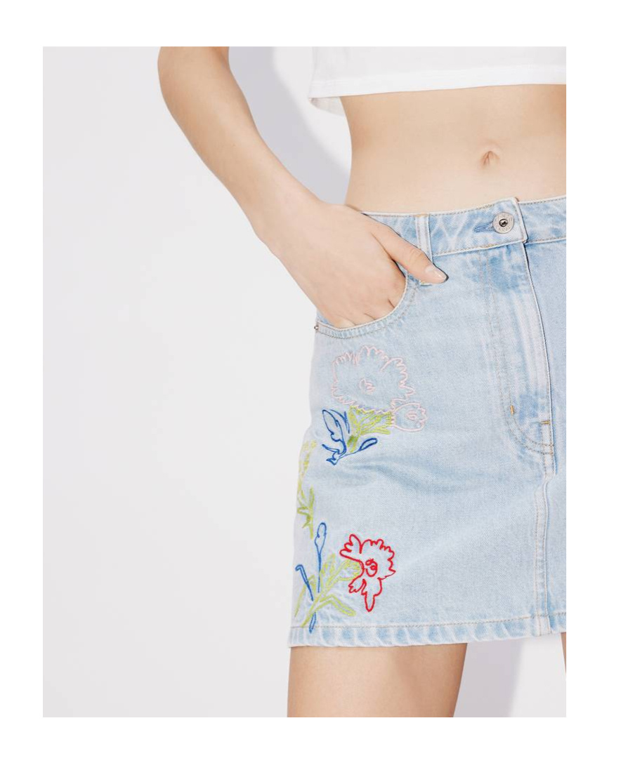 Kenzo Floral-embroidered Mini Skirt In Blue Cotton Denim In Blue
