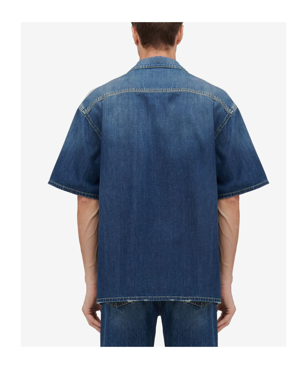 Alexander Mcqueen Blue Denim Effect Short Sleeve Shirt In Cotton Man In Blue