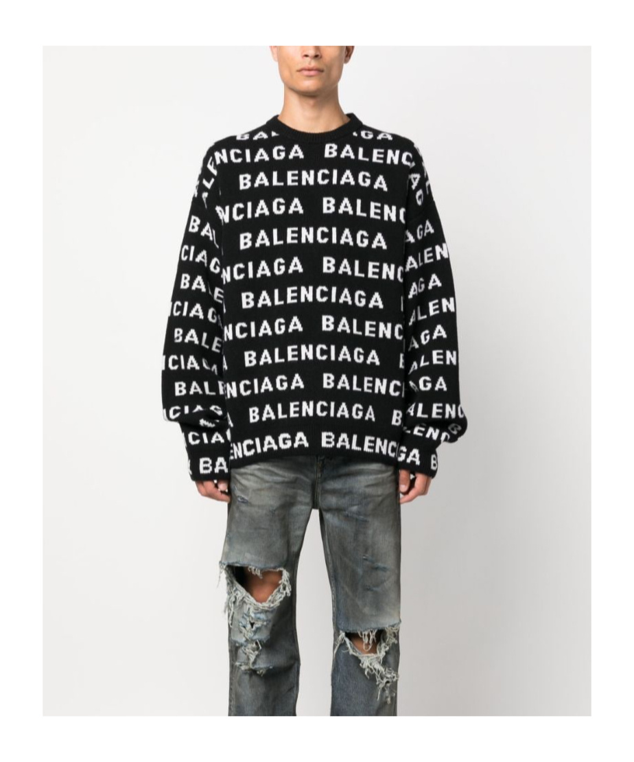 Balenciaga Logo All Over Print Pullover Sweater In Black