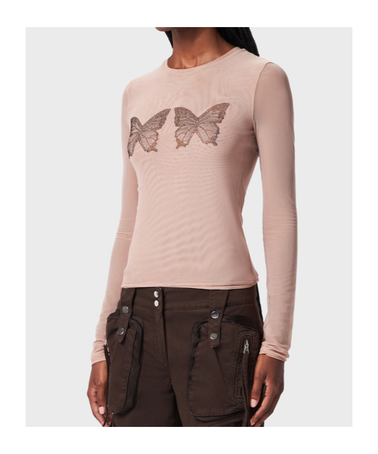 Shop Blumarine Crystal-butterfly Tulle T-shirt In Nude