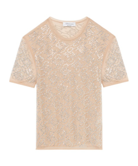 Blumarine Water Drill Embroidered Tulle T-shirt In Nude