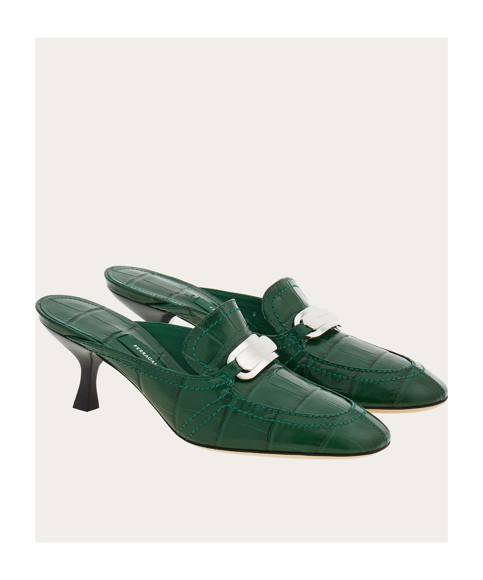 Ferragamo Eloyde 55 Croc-embossed Leather Mules In Green