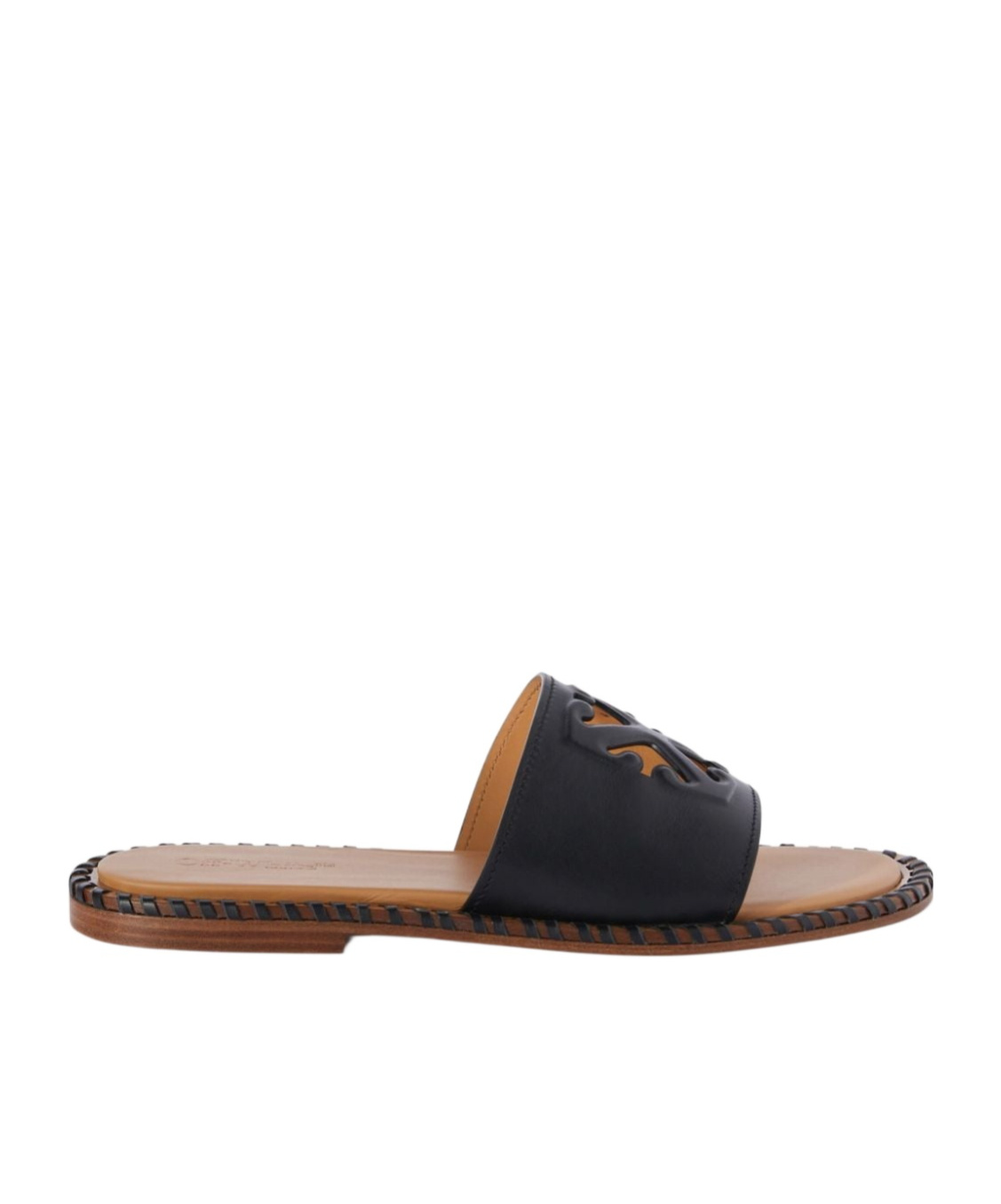 Off-white Twist Arrow Cut-out Leather Slides In Black