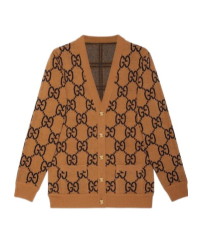 Gucci Beige Check And Gg Reversible Cardigan In Brown