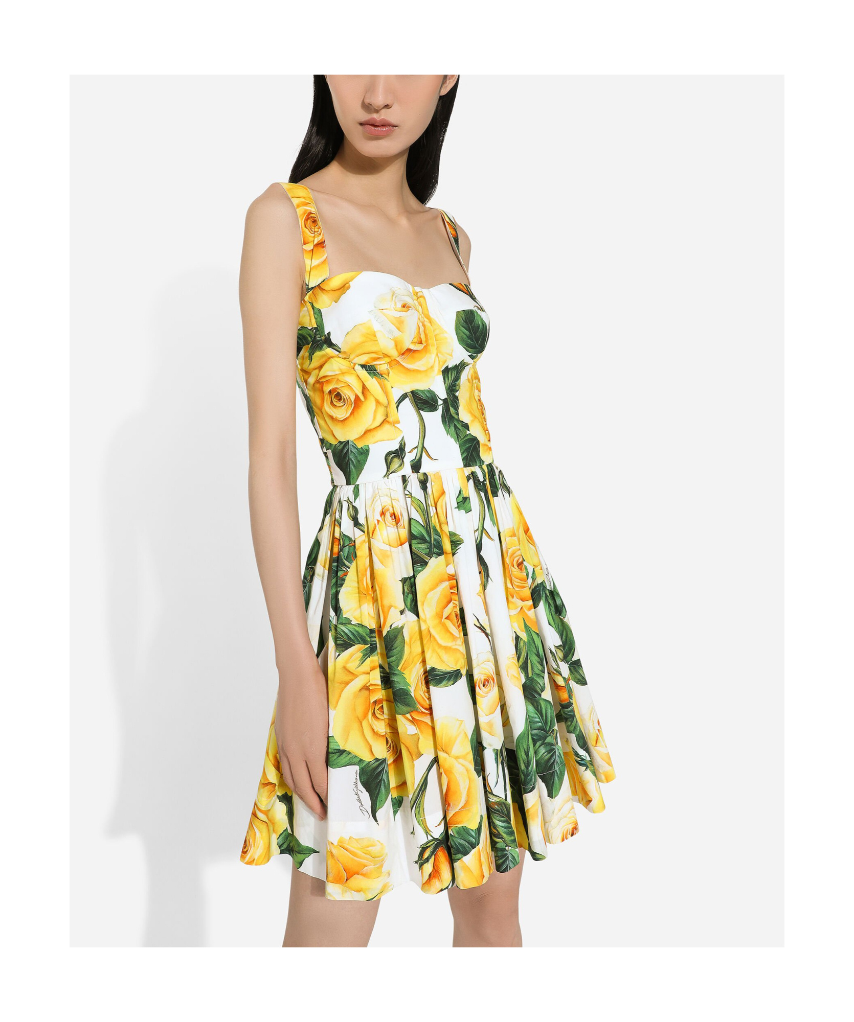 Dolce & Gabbana Rose Print Pleated Poplin Mini Dress In Multicolor