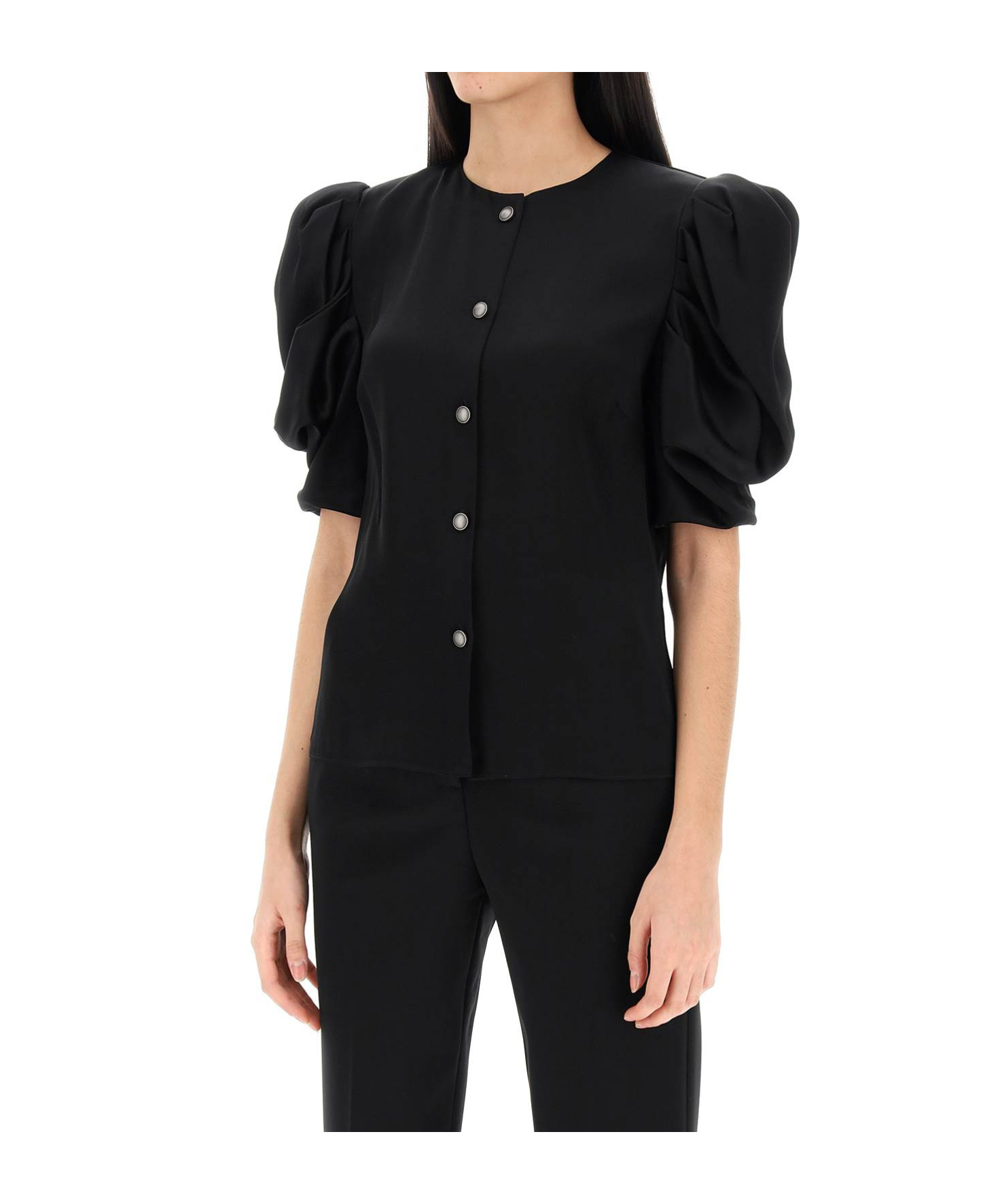 Alessandra Rich Envers Satin Blouse With Bouffant Sleeves In Black