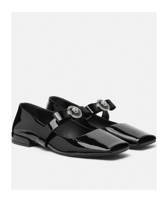 Versace Open-toe Ballet Flats In Gianni Ribbon In Black