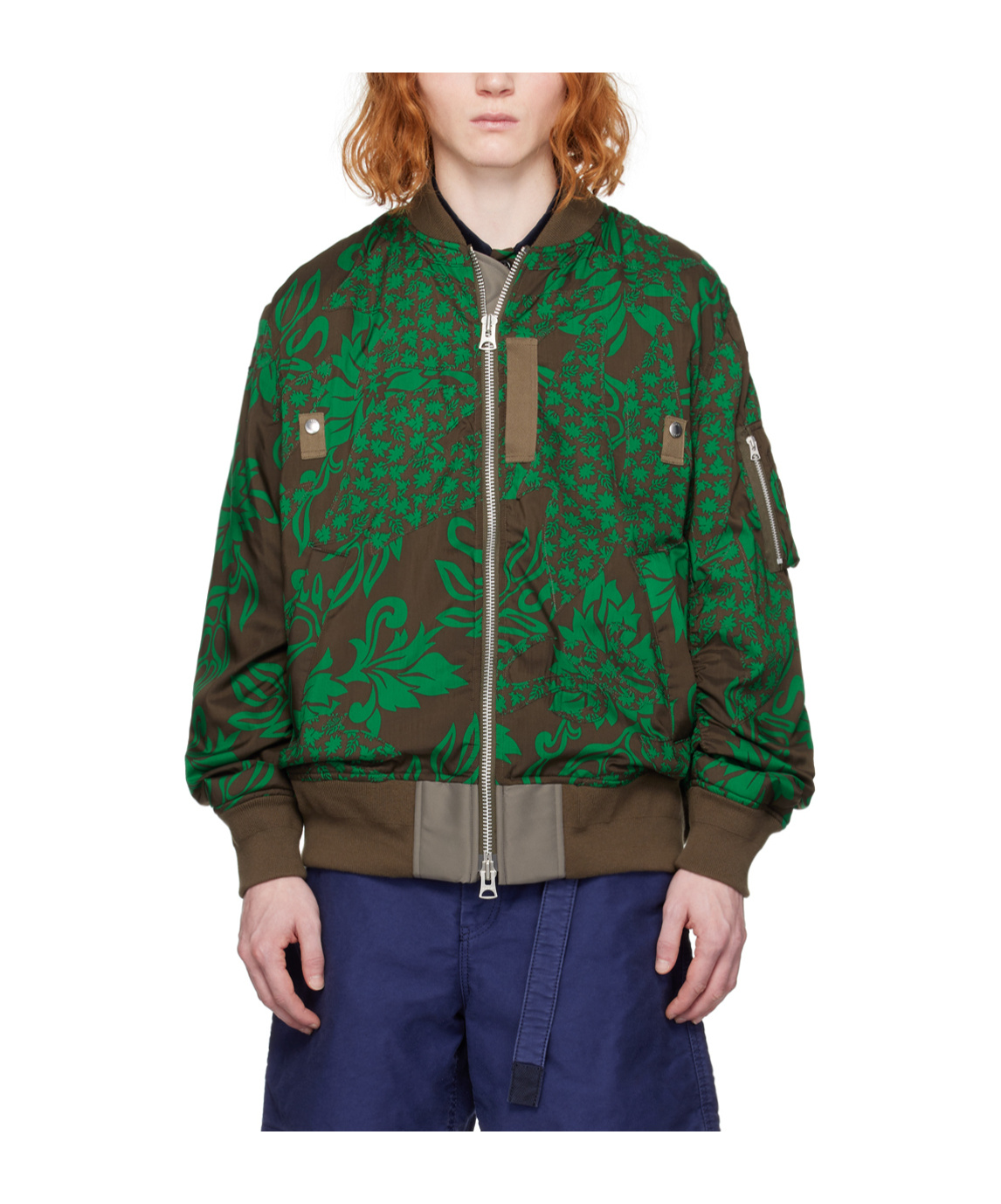 Sacai Brown & Green Floral Bomber Jacket In Multicolor