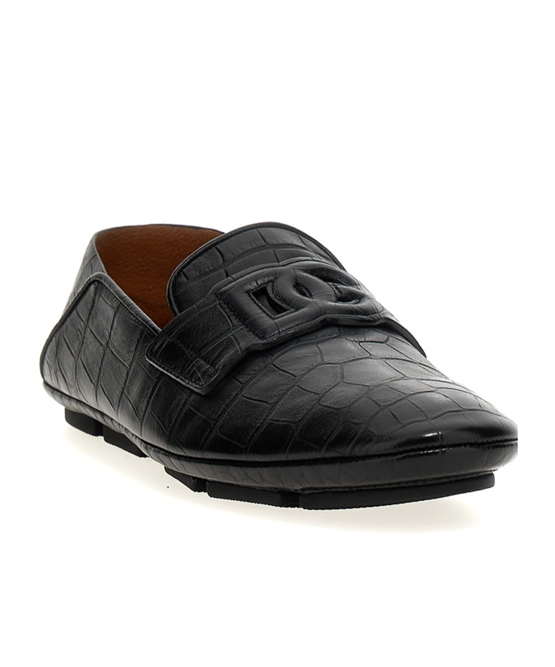 Dolce & Gabbana Dg Logo Embossed-crocodile Leather Loafers In Black