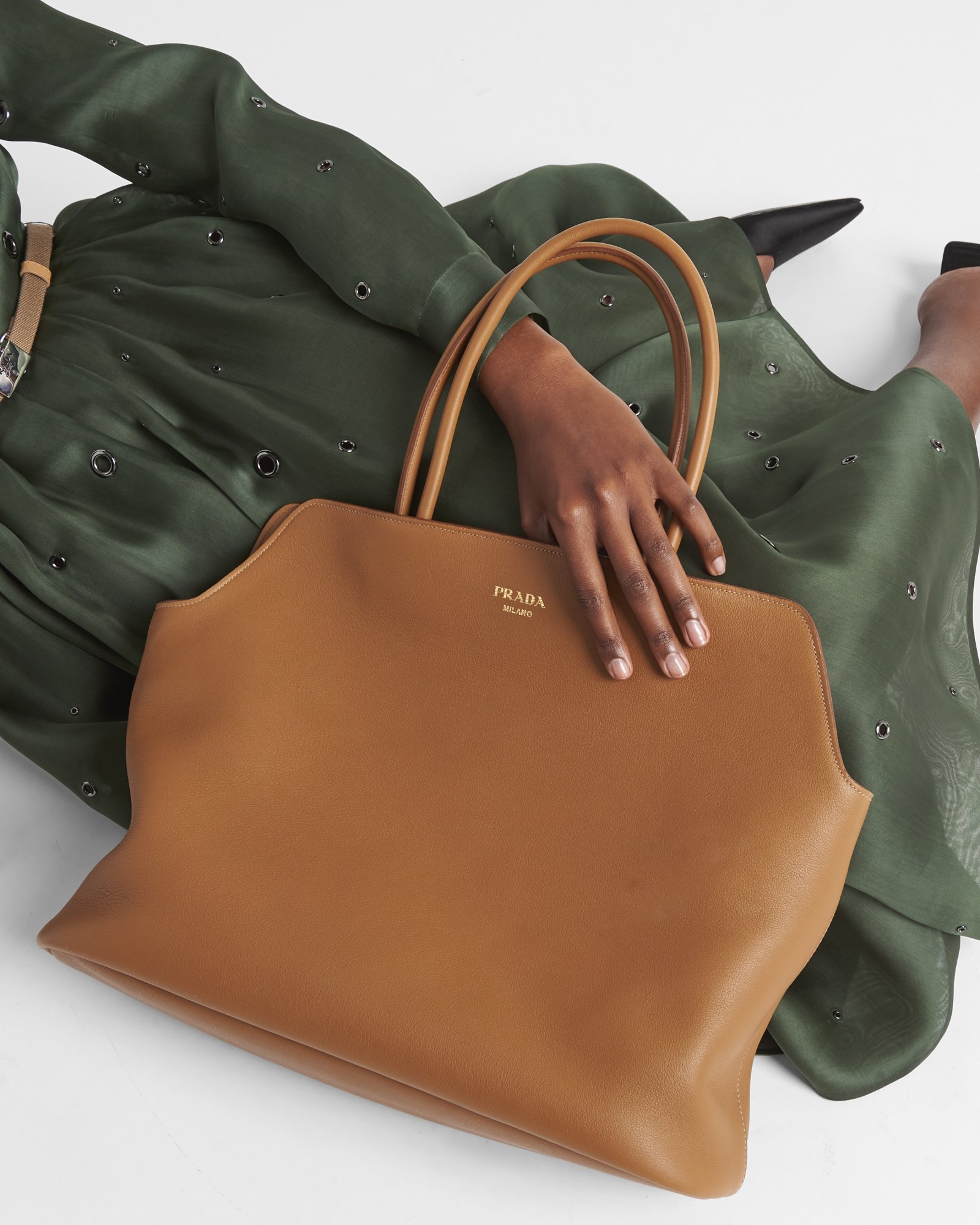 Prada Leather Shopping Bag With Structured Shape And Top Handles In Brown