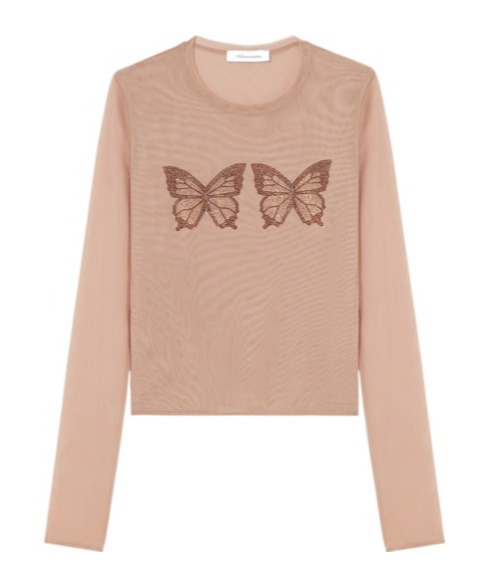 Shop Blumarine Crystal-butterfly Tulle T-shirt In Nude