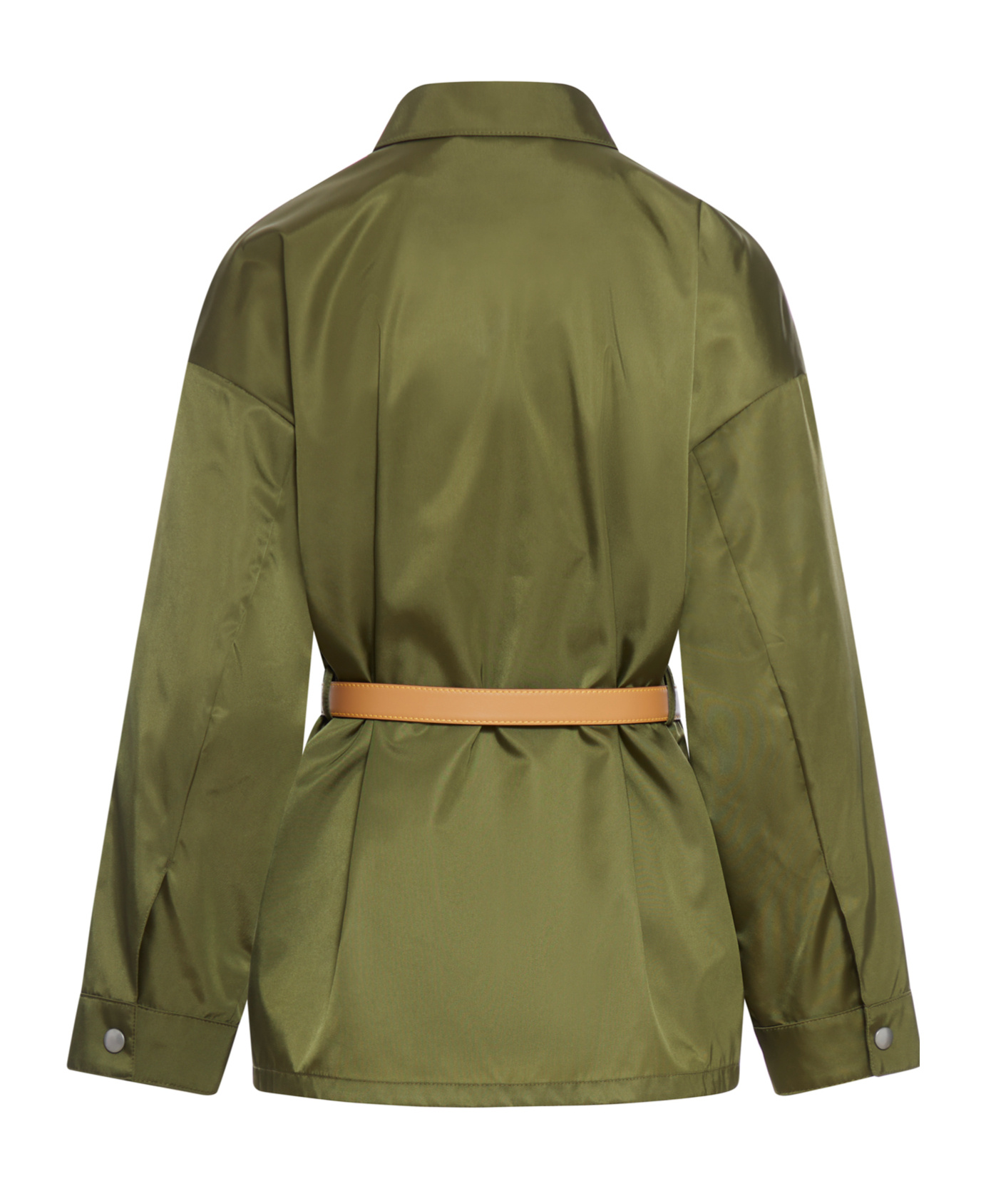 Prada Re-nylon Leather Belted Jacket In Green