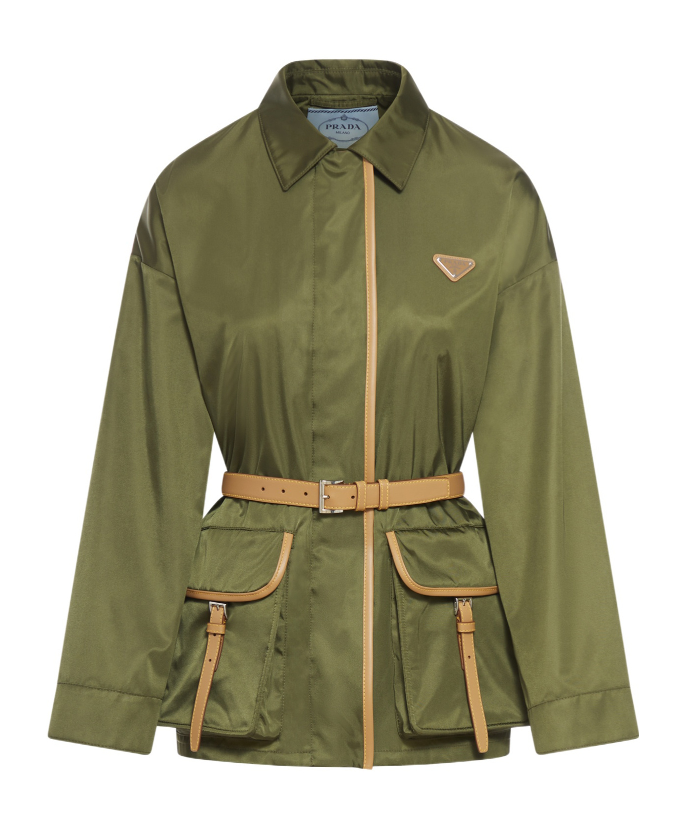 Prada Re-nylon Leather Belted Jacket In Green