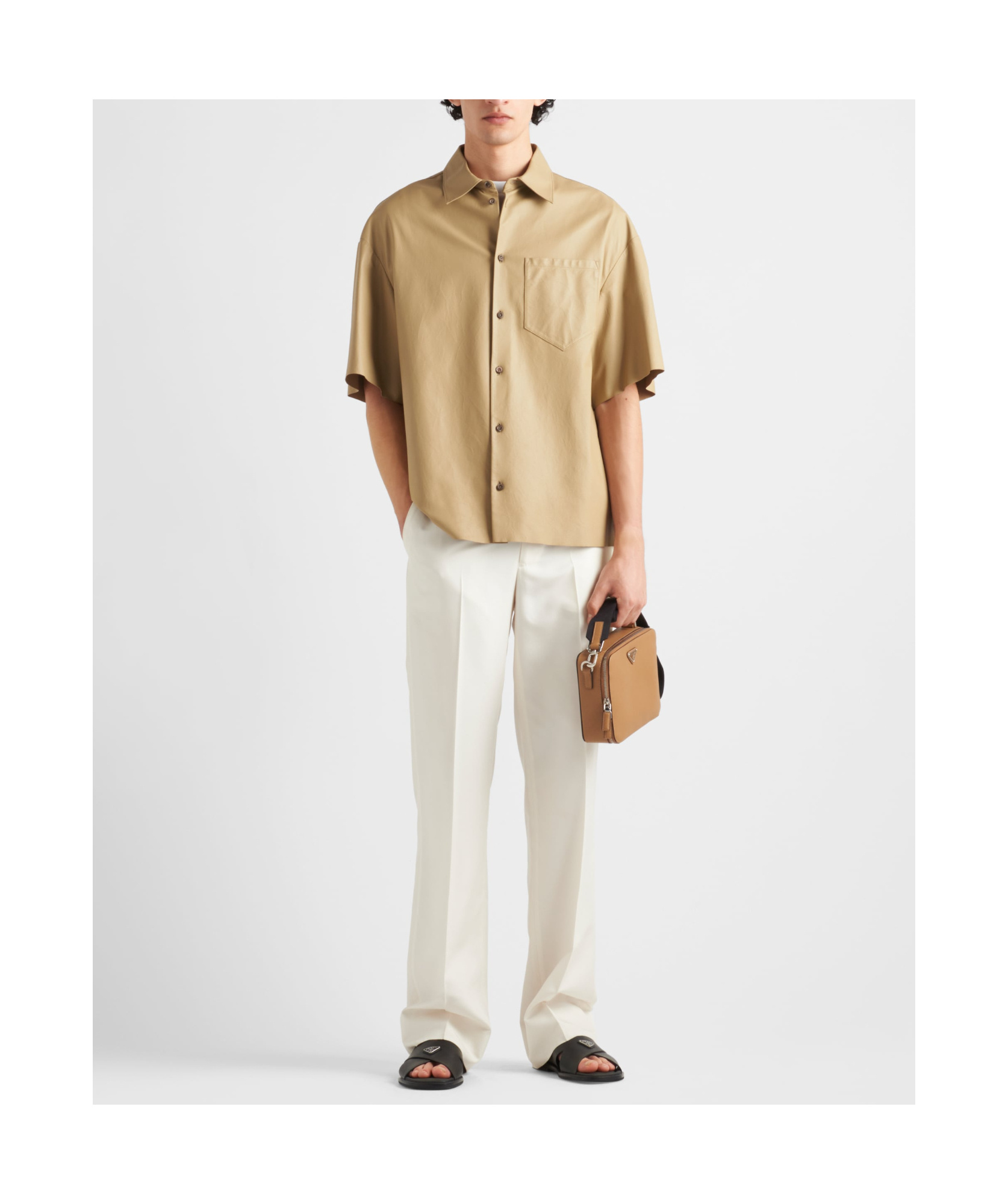Prada Leather Shirt With Back Yoke And Chest Pocket In Brown