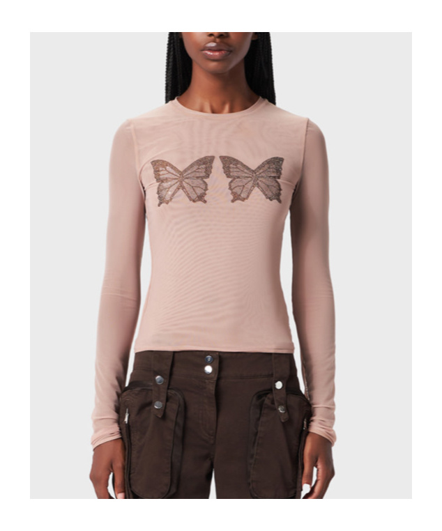 Shop Blumarine Crystal-butterfly Tulle T-shirt In Nude